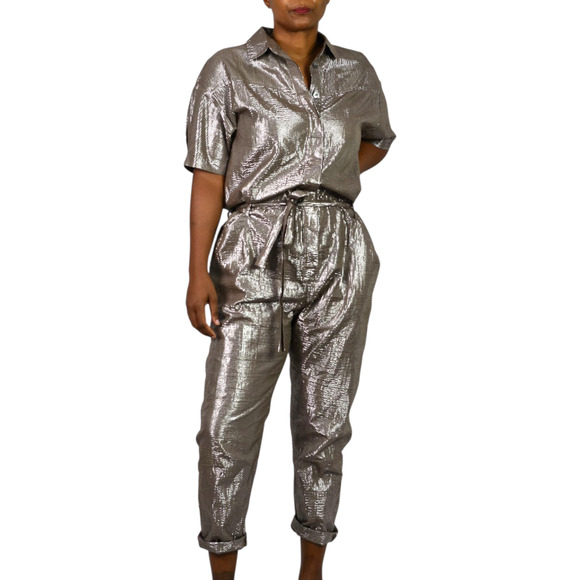 Xirena Theo Metallic Jumpsuit Brown Metallic Shimmer Cotton Lurex Belted Small - Picture 16 of 16